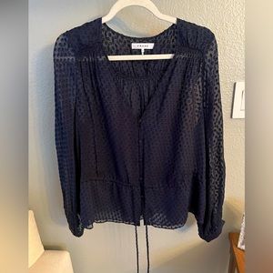 Frame Navy Blue Sheer-Polka Dot blouse that cinches at waist